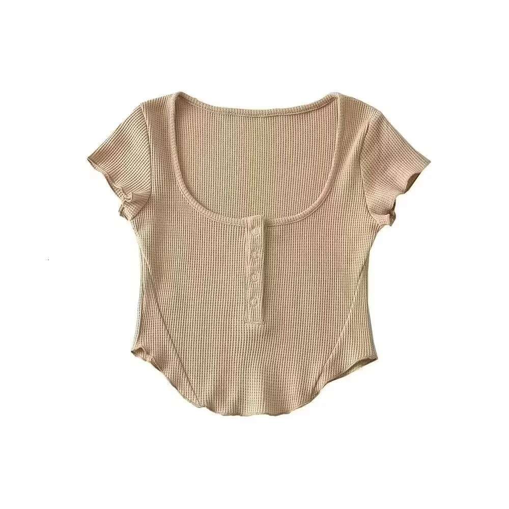 Chao Waist-Slimming Hot Girl Style Sleeve Top For Women New Square Neck Collarbone-Exposing Sexy Button Short T-Shirt B5