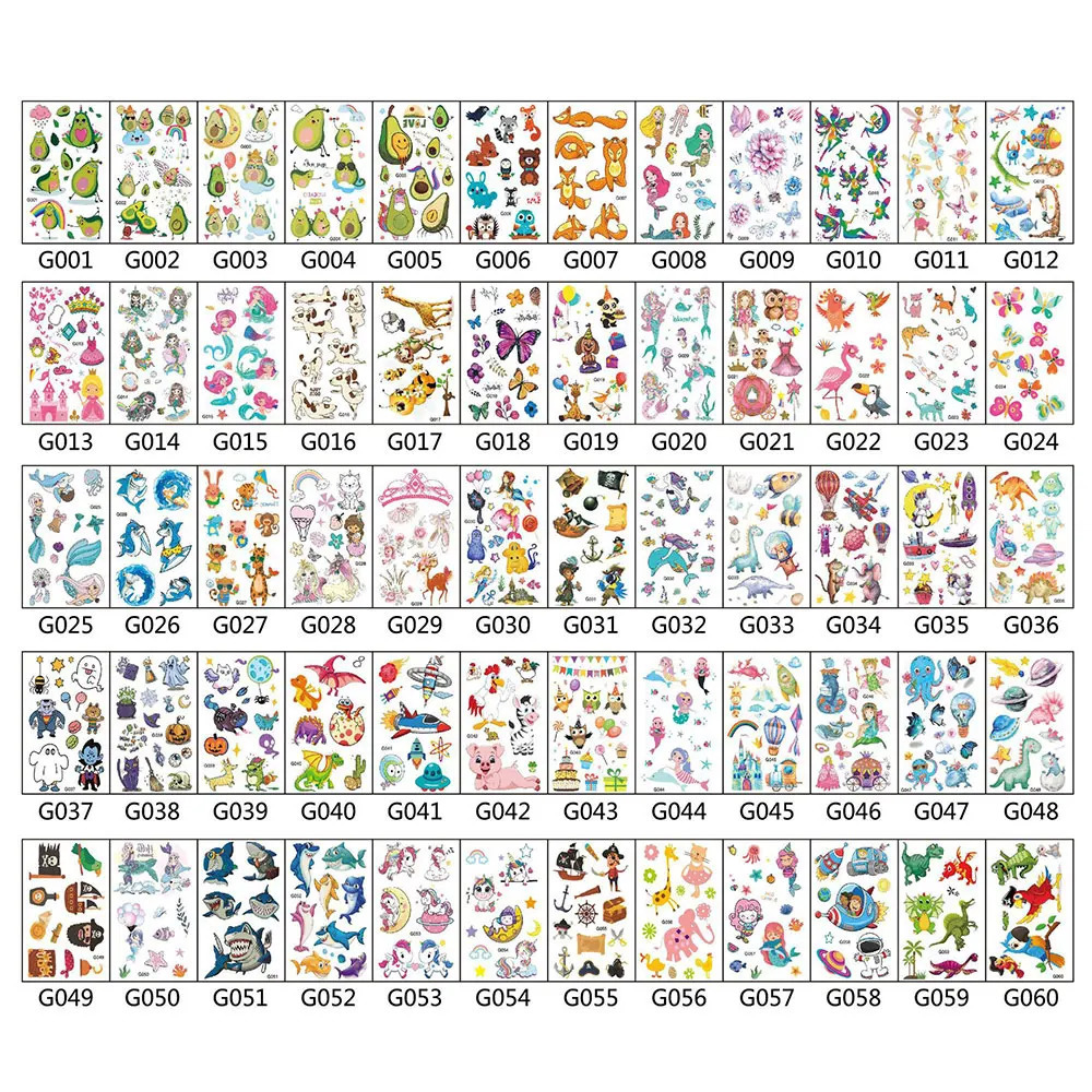 60pcs Kids Cute Tattoo Waterproof Temporary Sticker Cartoon Avocado Mermaid Unicorn Dinosaur Body Art Arm Women Men 250714