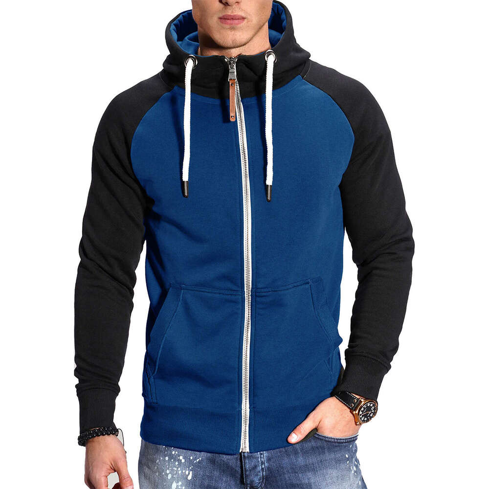 European Size Men's Color Block Hooded Sweatshirt Casual Fashion Contrast Raglan Sleeve Sports Cardigan Jacket Top B5