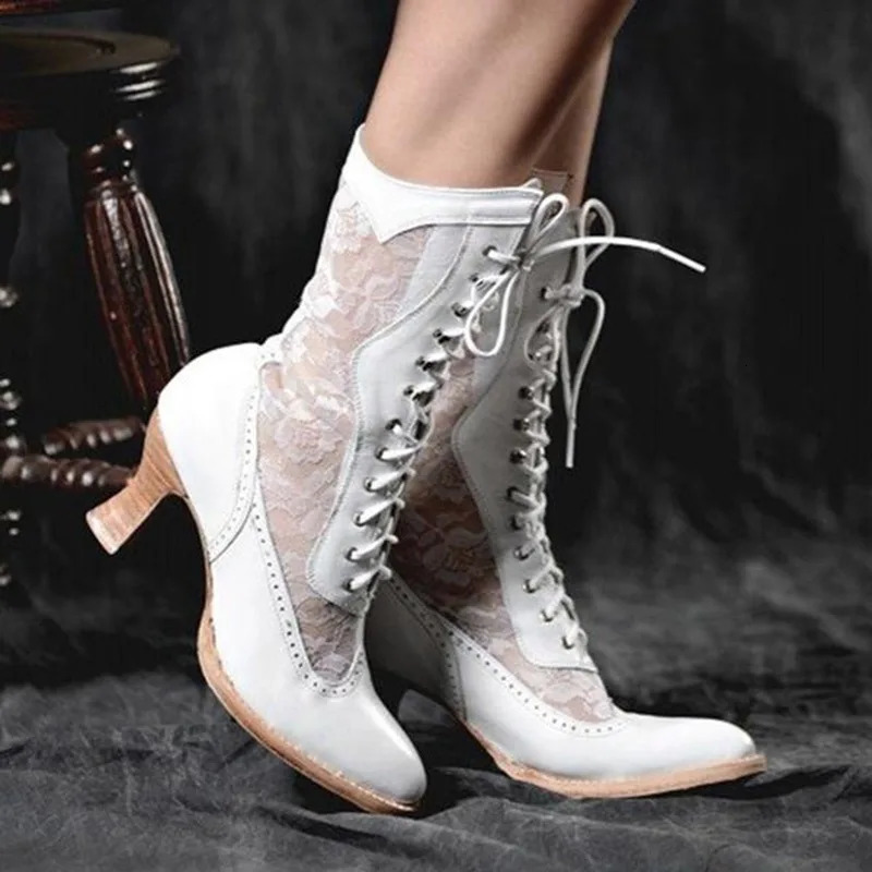 Vintage Womens Ankle Boots Victorian Pointed Toe Mid-Calf Boots for women elegant Pu Lace Up boot Spliced Ladies High Heel Shoe 250717