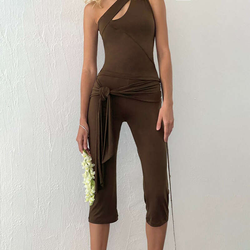 Fashionable Casual Shoulder Mid-Pants Sleeveless Asymmetrical Neck Top Tie-Up Breeches Two-Piece Set B5 g7