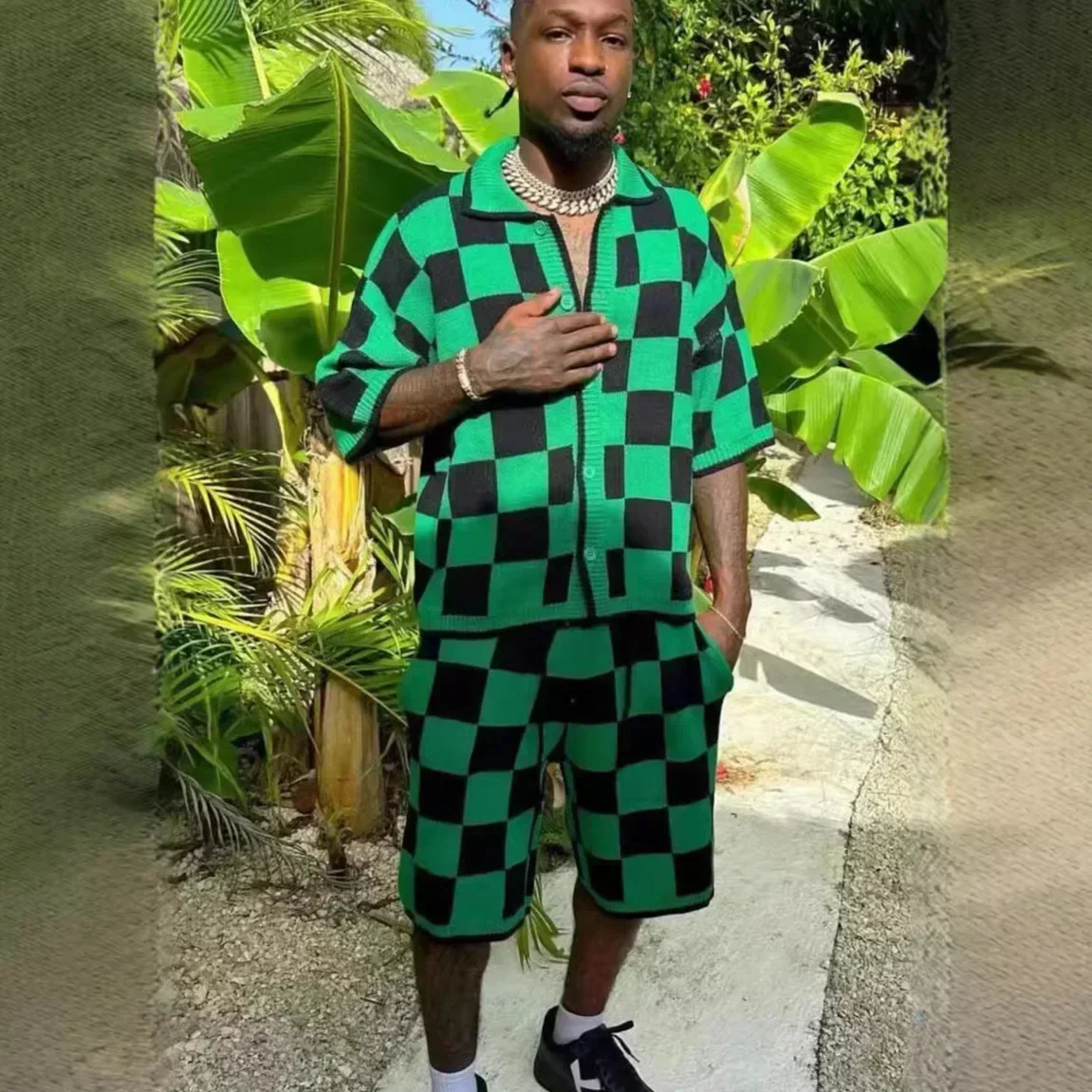 Europe Ins Wind Burst Loose Men and Women Neutral Three-color Checkerboard Knit Suit 250718