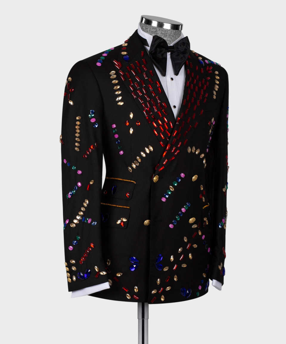 Customized 2 Pieces Men Blazers Peaked Lapel Different Color Crystal Rhinestone Fashion Party Tuxedos Slim Fit Male Jacket Homme