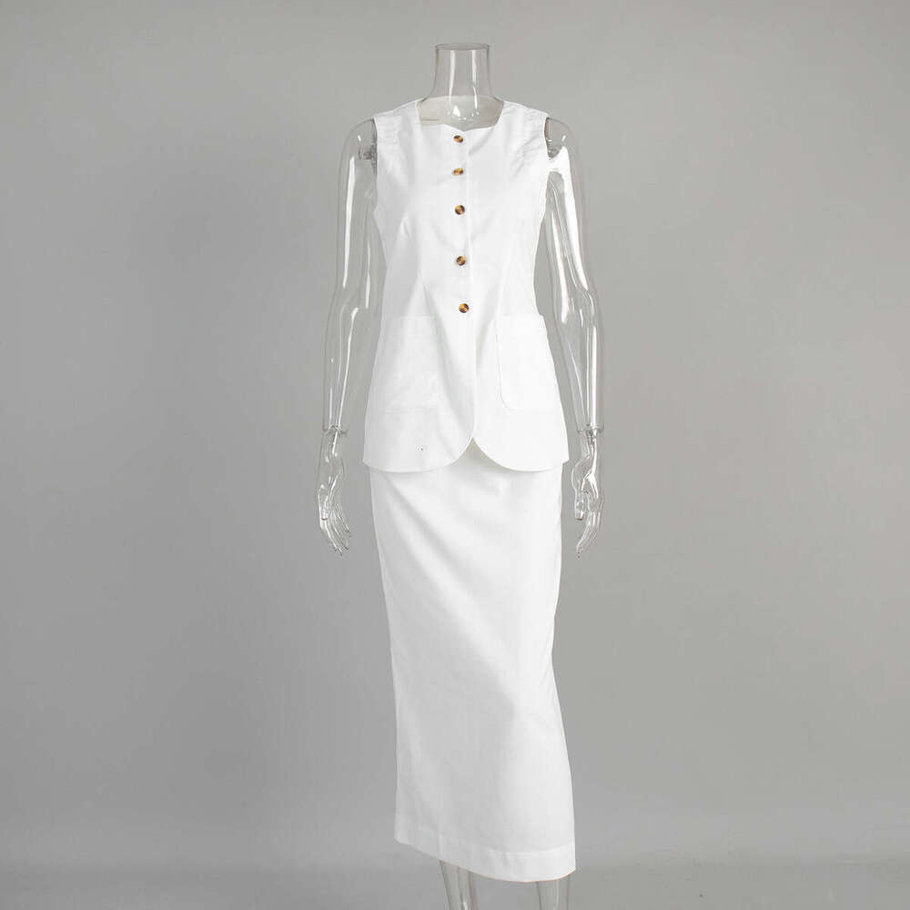 Minimalist Sleeveless Vest And High-Waisted Skirt Set Spring/Summer New Linen Casual Outfit For Women B5