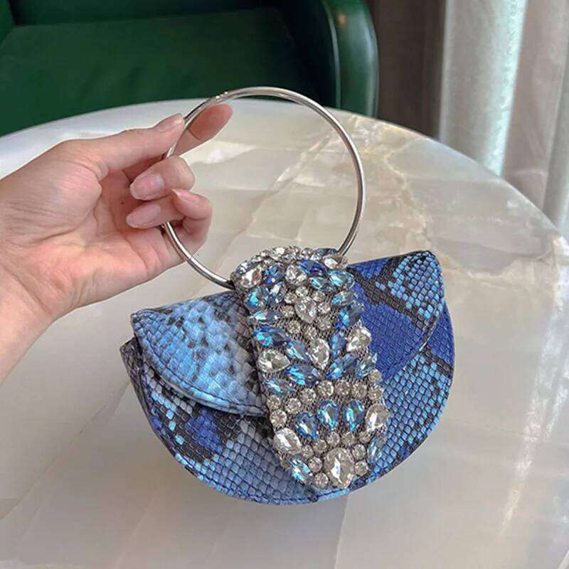 Designer Bags Bags For Women Silk Handbag Shiny Rhinestone Half Round Clutch Evening Bag Wedding Party Metal Ring Handle Purse Luxury Bag