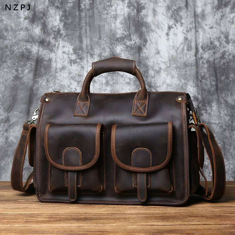 NZPJ Vintage Genuine Leather Men's Briefcase Crazy Horse Handbag Natural Cowhide Travel Casual Shoulder Crossbody Bag MDNG