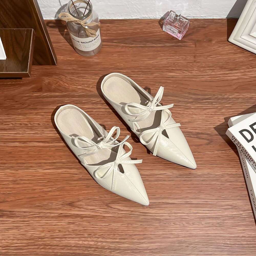 Designer French Style Single Shoes for Women with Bowknot, Double Row, One-Strap, Pointed Toe, Backless Half-Slip Mules