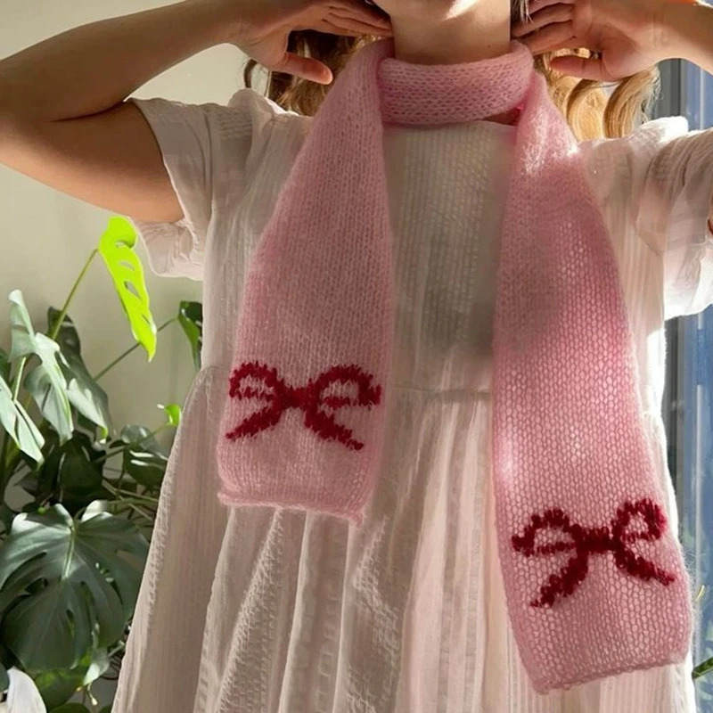 Japanese Kawaii Knitted Scarf Bowknot Pattern Soft Warm Scarf Y2k Fairy Aesthetic Clothing Accessories Winter Neck Warmer Scarf 250717