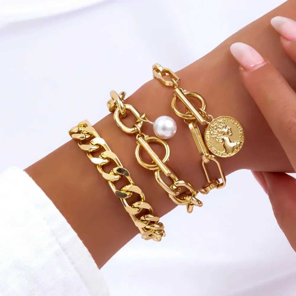 2024 New Fashion Imitation Pearl Crystal Chain Bracelet Set for Women Luxury Gold Color Stainless Steel Bangle Jewelry Set X250718