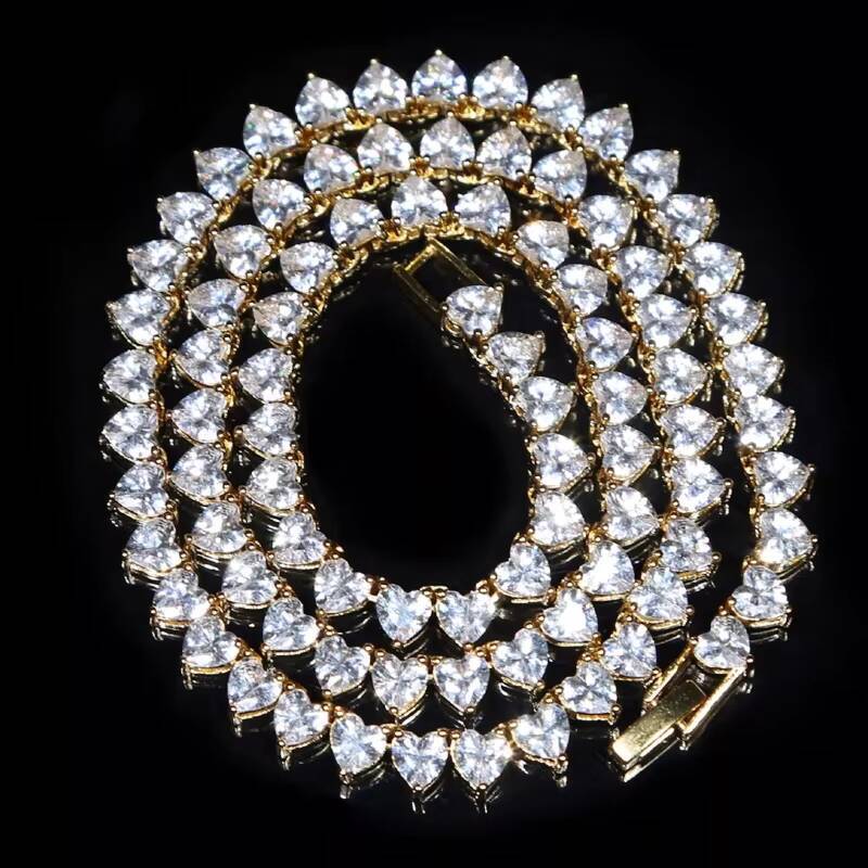 Hip Hop Jewelry Moissanite Tennis VVS DEF Heart Cut Sterling Silver Plated 14k Gold Moissanite Tennis Chain