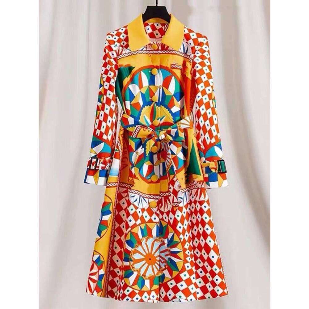 Fashion Ladies Printed Lapel Long-Sleeved Belt Windbreaker Coat Spring And Autumn New Single-Breasted Retro Joker Dress