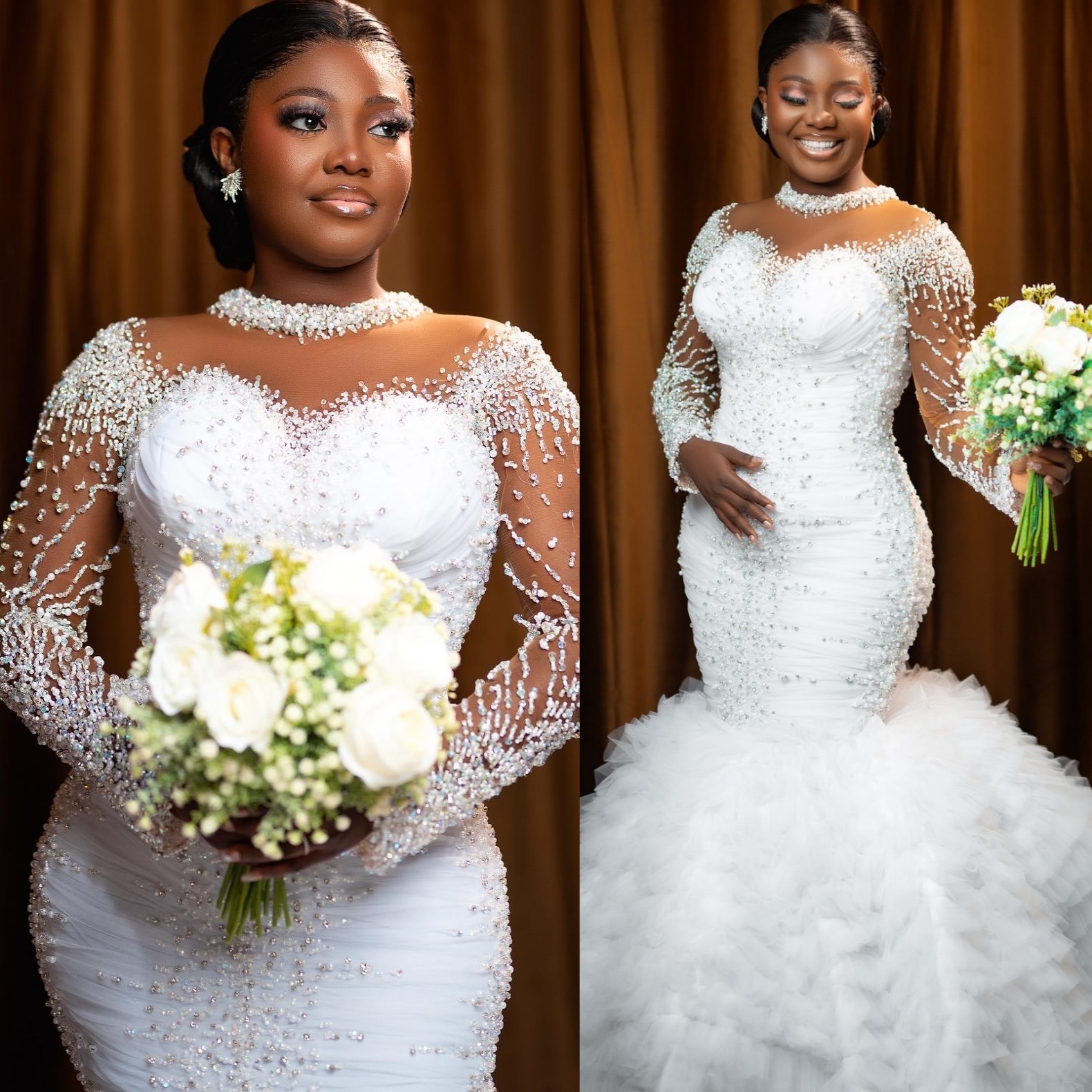 2025 Aso Ebi Plus Size White Mermaid Wedding Dress Pearls Crystals Tiers Full Sleeves Tulle Bridal Gowns Dresses ZJ0676