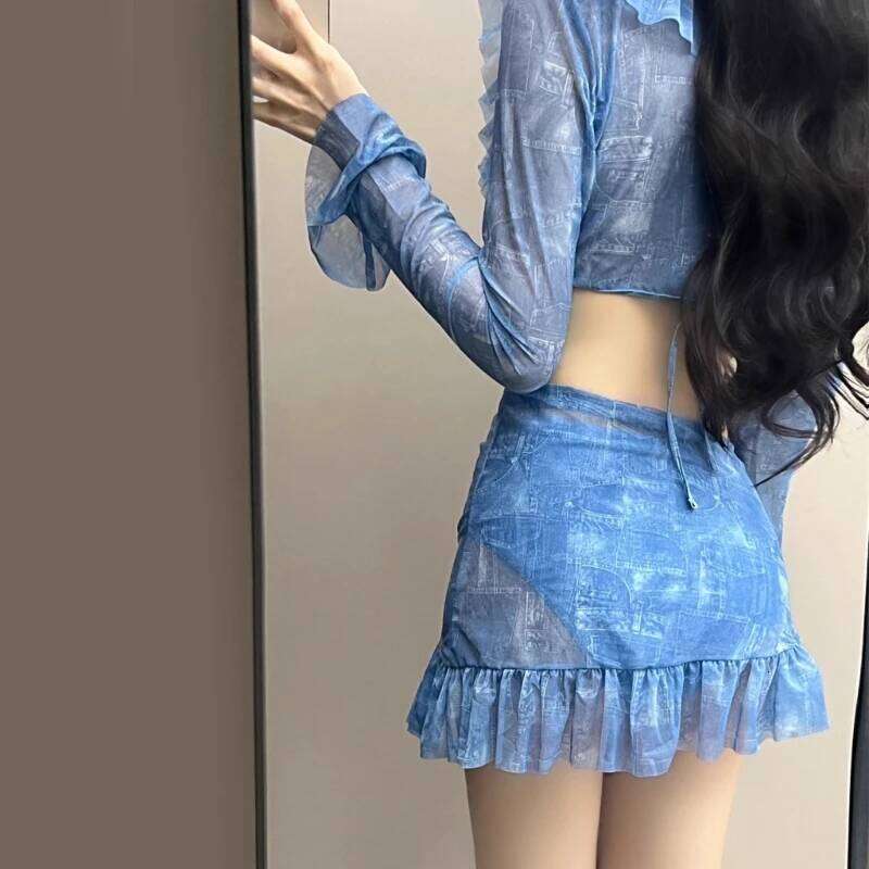 4 Pieces Swimsuit for Women Halters Swimming Long Sleeves Swimwear with Cover Up & Beach Skirt Summer Bathing Suit