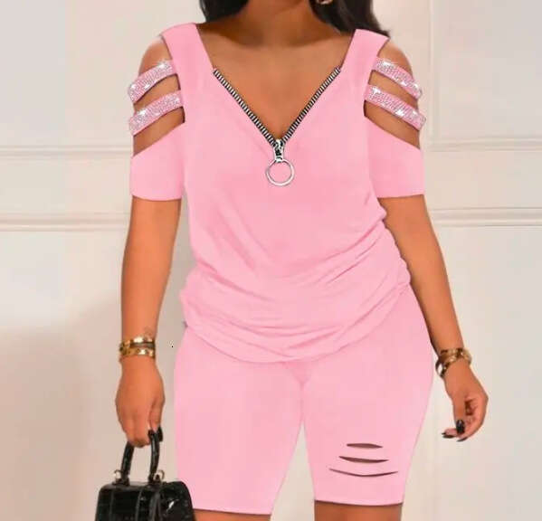 Women's Fashion Casual Printed V-Neck Zipper Short Sleeve Top And Shorts Two-Piece Set B5