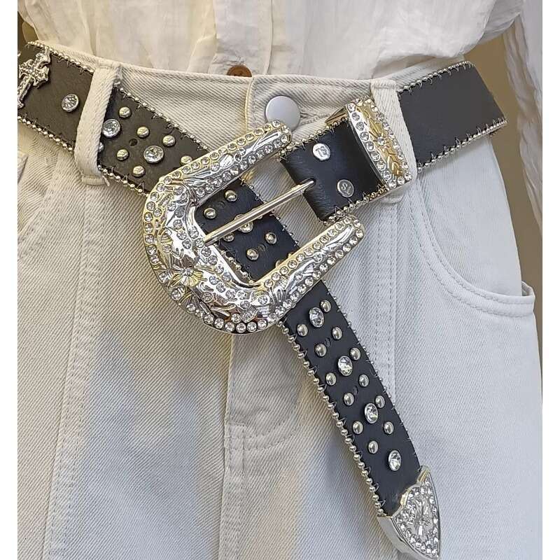 Wide Waistband Jeans Belt Designer jewelry Rhinestone Inlaid Decoration Fashion Versatile Cross Ultra-fiber Faux Leather Unisex