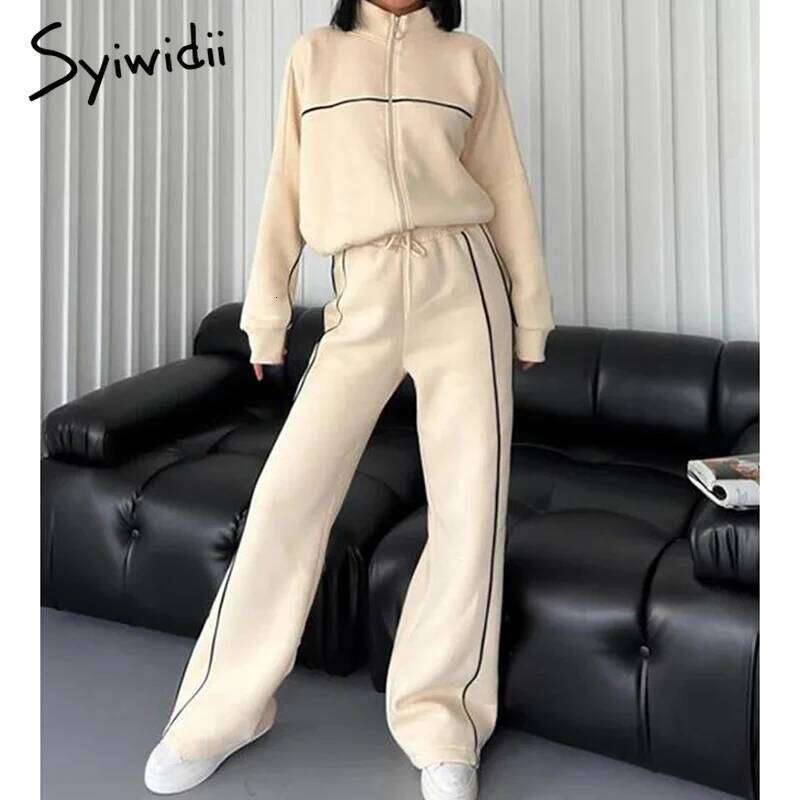 Syiwidii Women 2 Pieces Set Casual Sports Suits Long Sleeved Stand Collar Coat Drawstring Trousers 2025 New Elegant Lady Clothes MDNG
