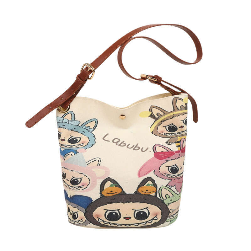 Versatile Cute Cartoon Bucket Canvas 2024 New Textured Painted Casual Shoulder Crossbody Bag