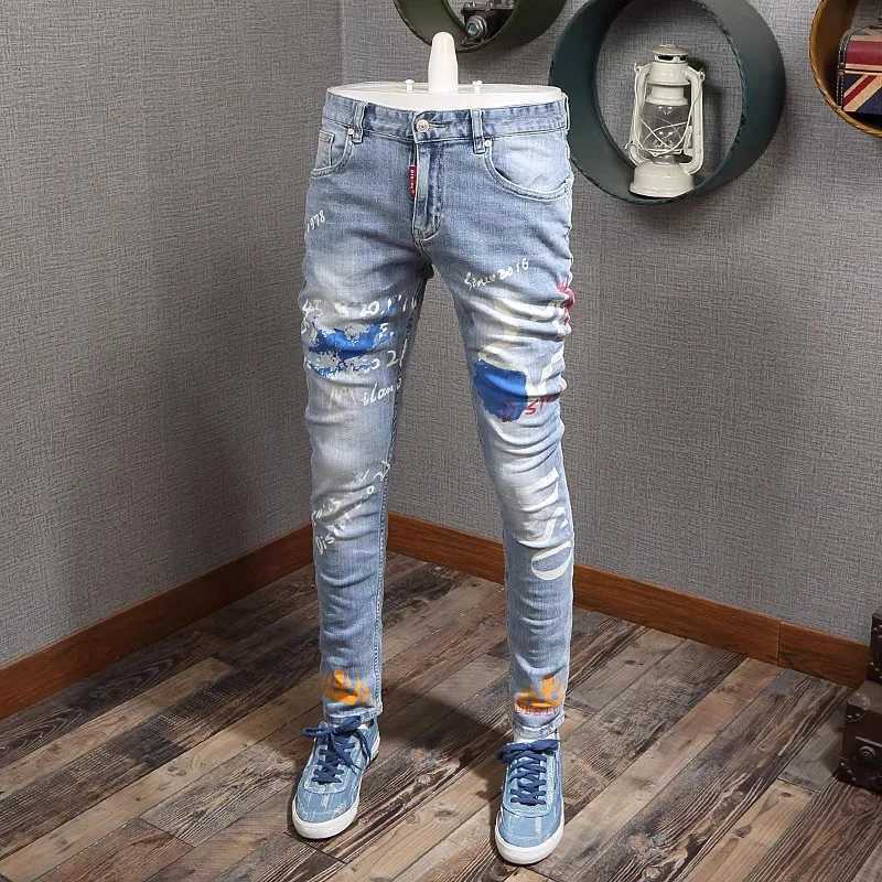 Designer Fashion New Mens Jeans Letter Printed Washed Nostalgic Stretch Slim Fit Retro Light Blue Jeans Hip Hop Brand High Quality X250718
