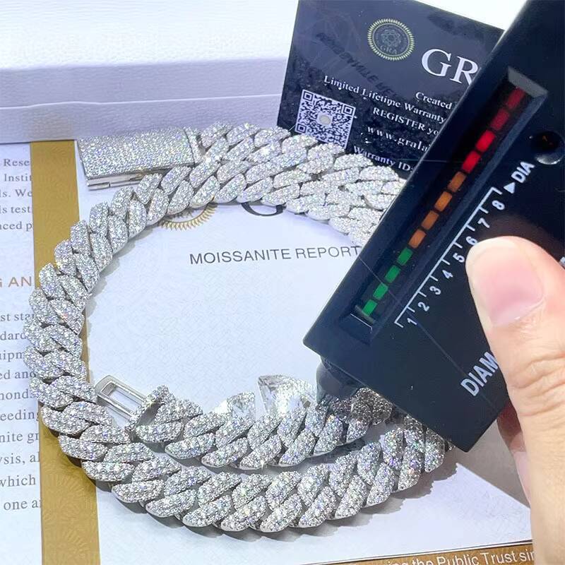 Moissanite 13mm Cuban Chain Link Necklaces Chain Hip Hop Jewelry Moissanite S925 Silver Cuban Chain Necklaces for Men Women