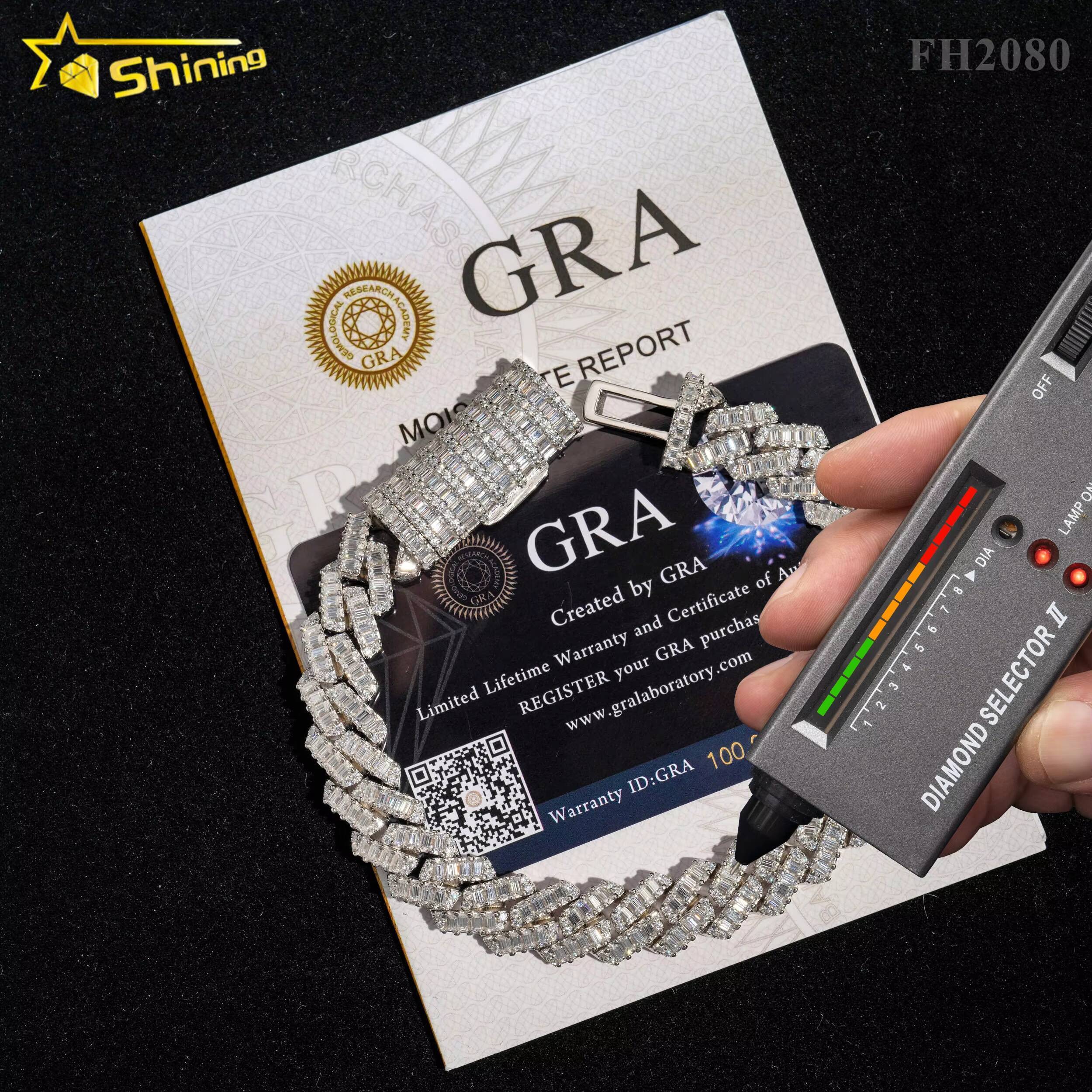 High Quality Luxury Bling Baguette Diamond 12MM 925 Sterling Silver Cuban Link Chain Moissanite Cuban Bracelet