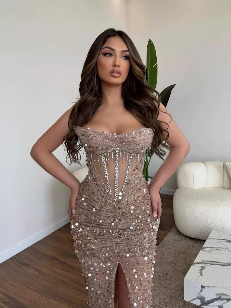 Glitter Strapless Evening Dresses Customized Sexy Sequined Beaded Sleeveless Prom Dress Front Split Party Gown