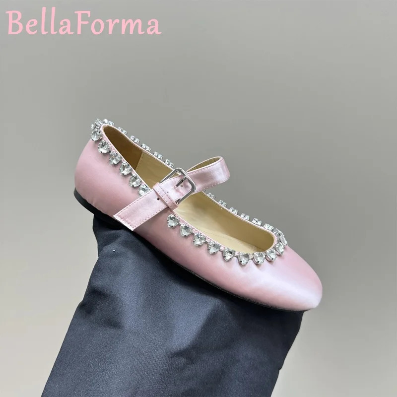 Ballet Style Round Toe Mary Jane Flats Rhinestones Light y Sweet Elegant Casual Silk Denim Sheepskin Onestrap Shoes 250717