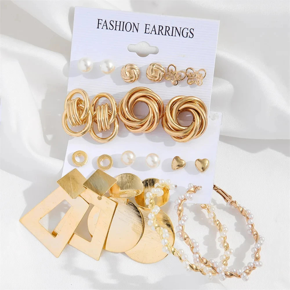 Vintage 2 Sets/Pack Gold Color Metal Twist Pearl Hoop Earrings for Women Girls Geometric Knot Heart Dangle Earring Set Jewelry 250717