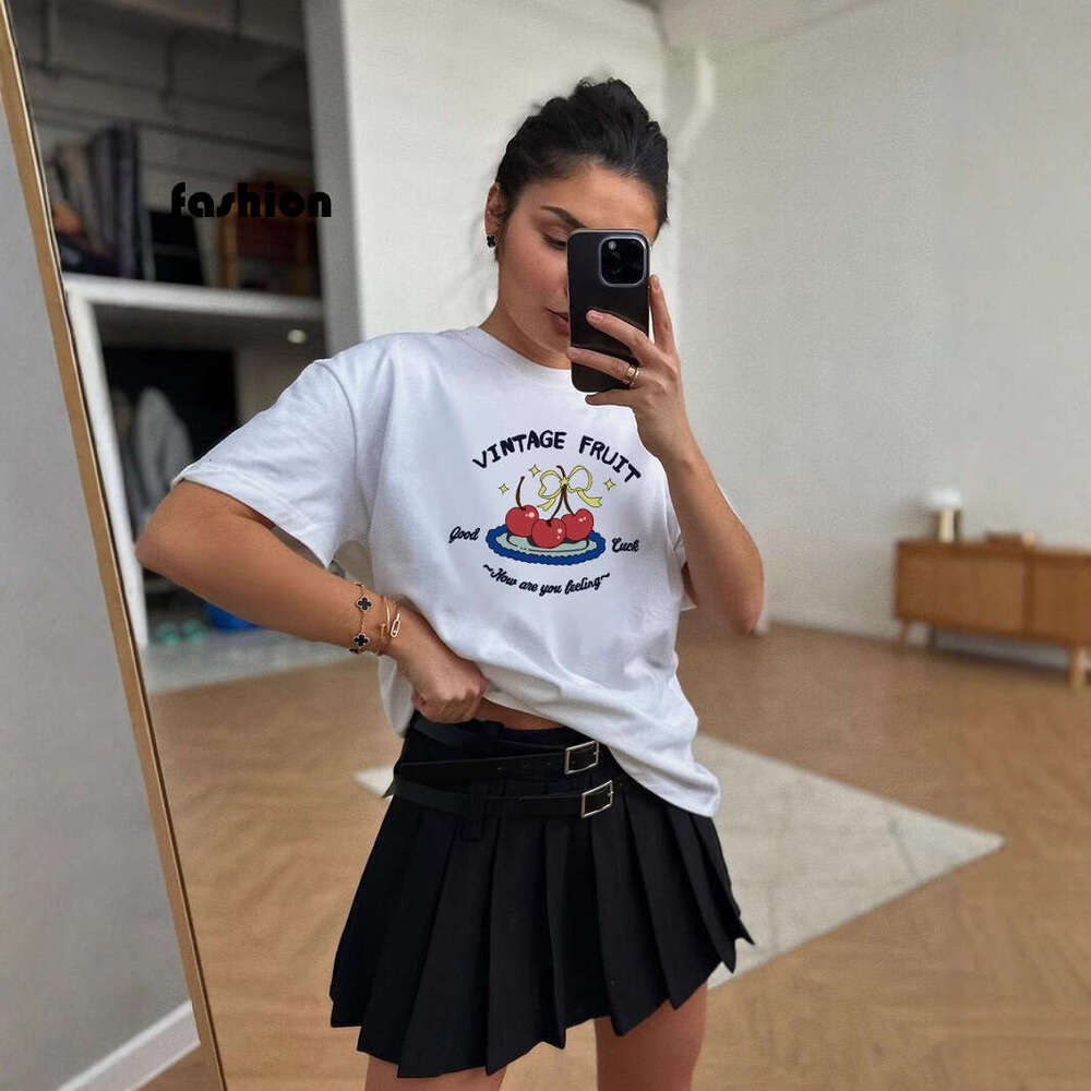 Ins Style Printed T-Shirt For Women, Summer New Versatile Loose Round Neck Pure Cotton Short Sleeve Top B5 j7