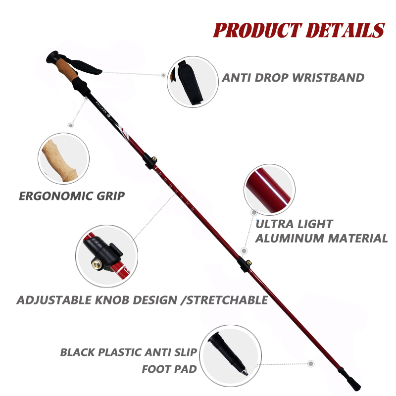 OKHEALING Aluminum Alloy Trekking Poles Telescoping Lightweight Walking Cane Portable Walking Stick with Rubber Handle for Off-road, Camping, Backpack
