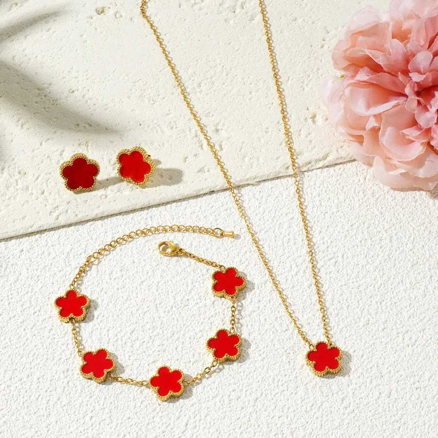 3Pcs Stainless Steel 316L Luxury Plum Bloss Plant Five Leaf Flower Necklace Earrings Bracelet For Women Gift Jewelry Sets X250718