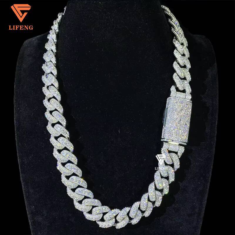 925 Silver Necklace 18mm 20mm Silver 10k/14k/18K Gold Plating Moissanite 3 Rows Prong Iced Out VVS Miami Cuban Link Chain
