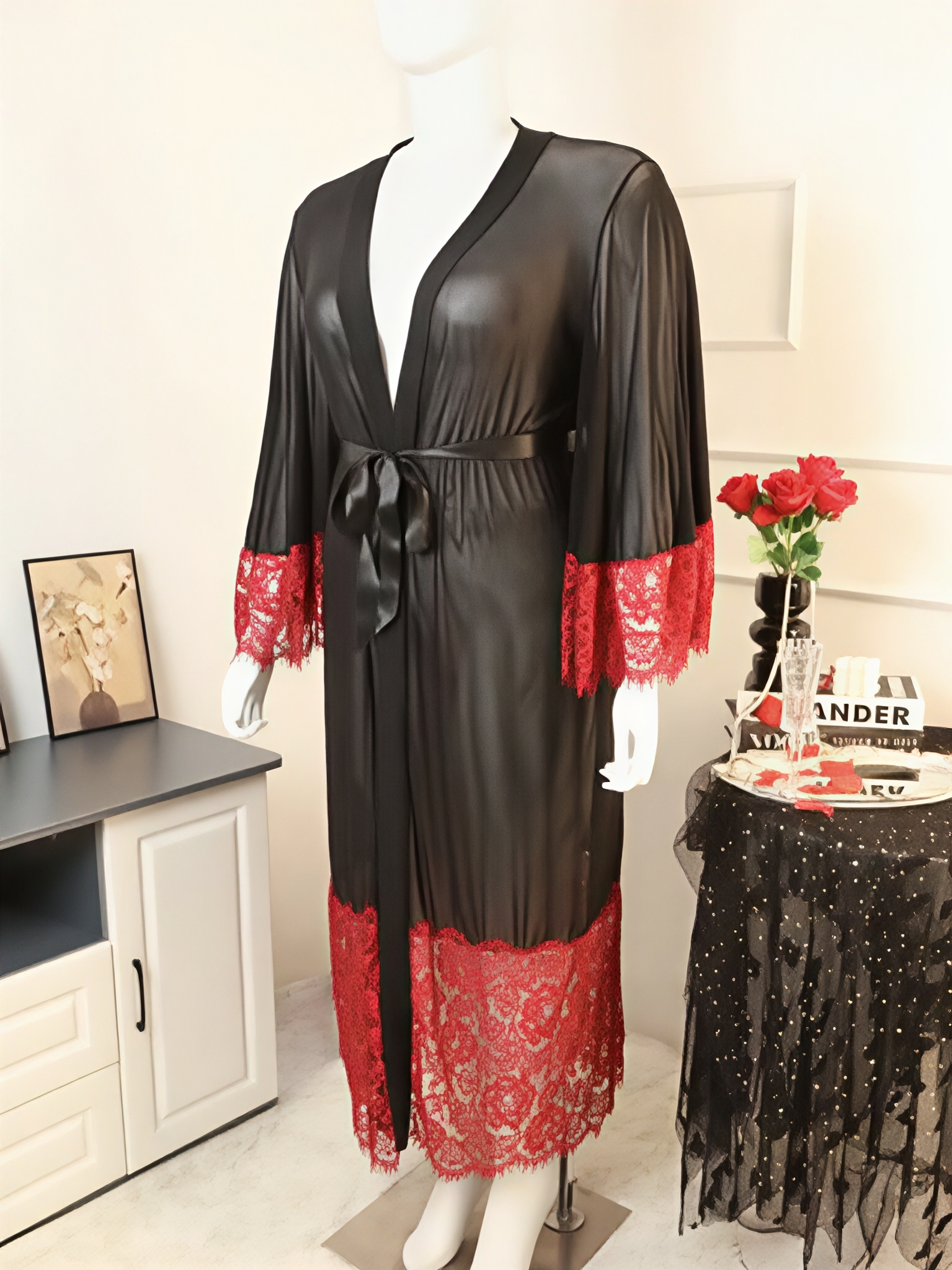 Mesh see-through sexy robe deep V-neck red lace splicing laced waist large size home wear bathrobe hot-sale products