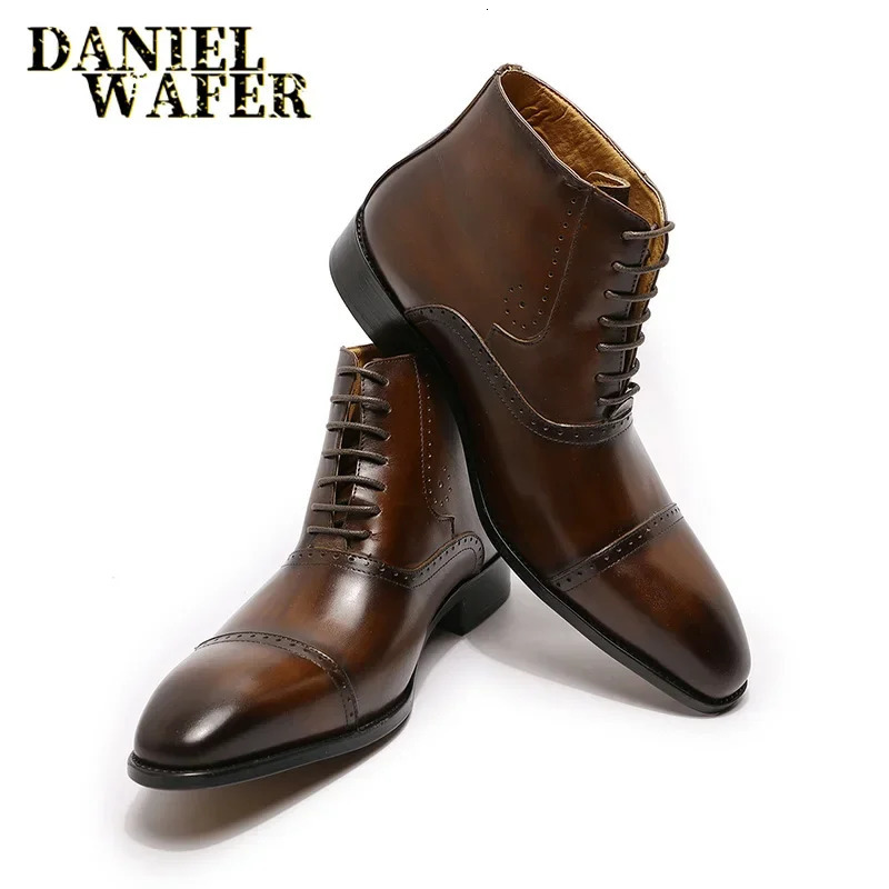 Fashion Mens Ankle Boots Formal Dress Leather Shoes Western Cowboy Style Lace-Up Casual Brown/Black Boots for Men 250715