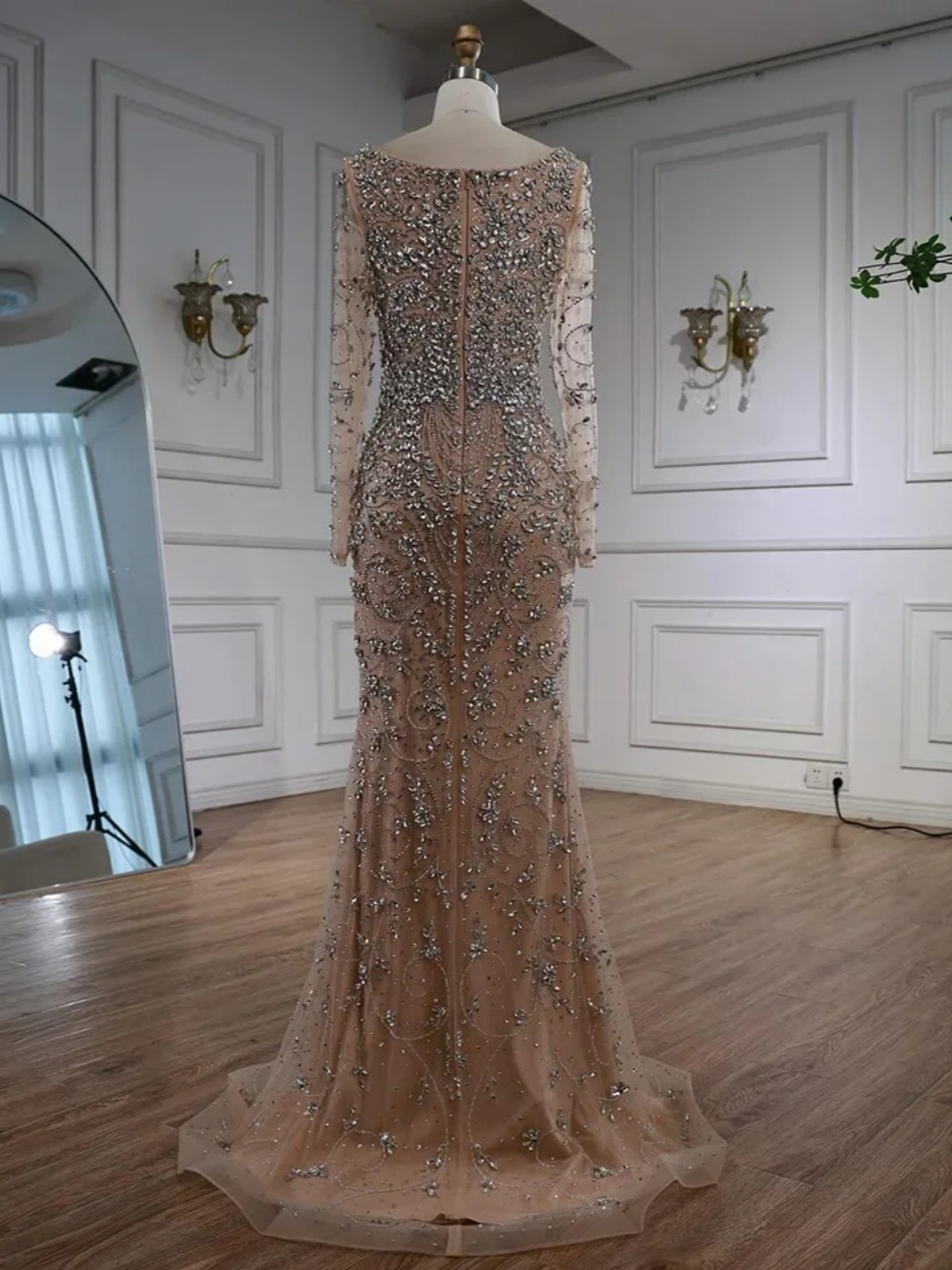 Unique Mermaid Evening Dress Sweetheart Neck Long Sleeve Crystal Beaded Prom Gowns Luxury Floor Length Formal Dresses Customized