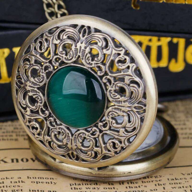 free shipping Vintage Arabic numerals face hollowed-out carving jade quartz pocket watch Bronze elegant style ladies gift clothing a