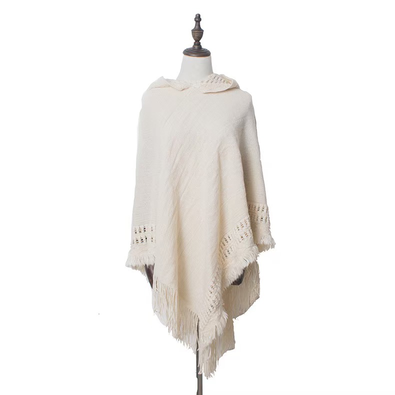 T1249 autumn and winter new knitted hooded cloak shawl monochrome pullover cloak sweater hooded shawl
