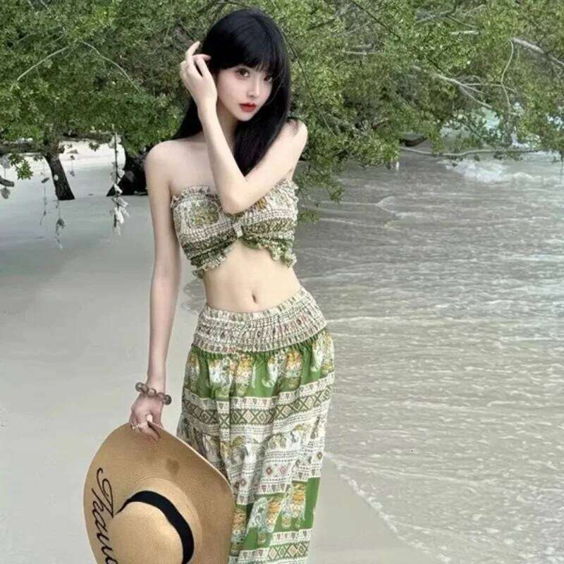 Bohemian Beach Set Handmade Print Wrap Skirt Crochet Top Strapless Swimsuit Thailand Vacation Summer Resort Wear