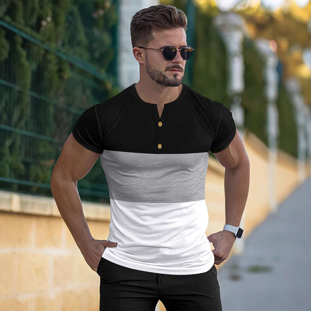 New Button Round Neck Short Sleeve Summer Casual Sports Three-Color Patchwork Men's T-Shirt Henley Shirt B5