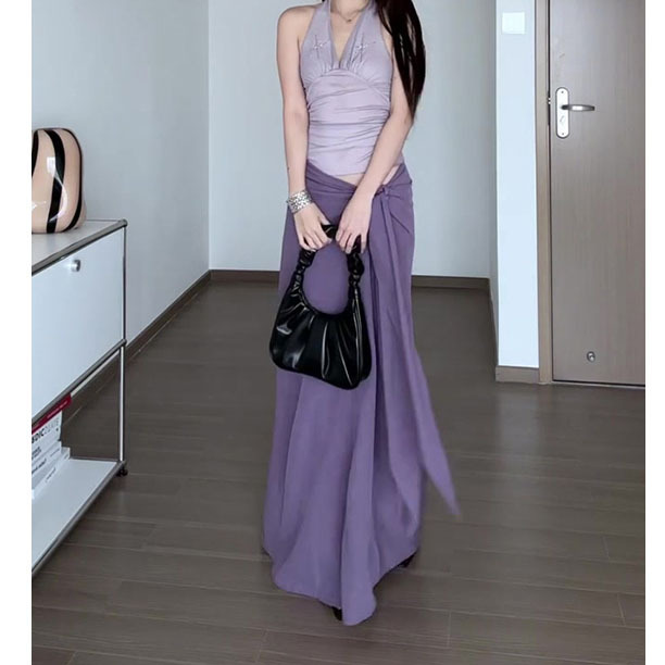 Sexy Hot Girl Style Purple Halter Neck Backless Camisole Top Women Summer New Low Waist Tie Hip-hugging Long Skirt Set