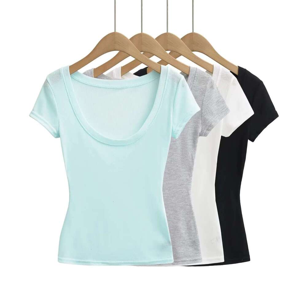 Slightly Transparent Thin U-Neck Short Sleeve T-Shirt For Women Summer Slim Fit Inner Layer Base Shirt Hot Girl White Slimming Regular Shoulder Top B5