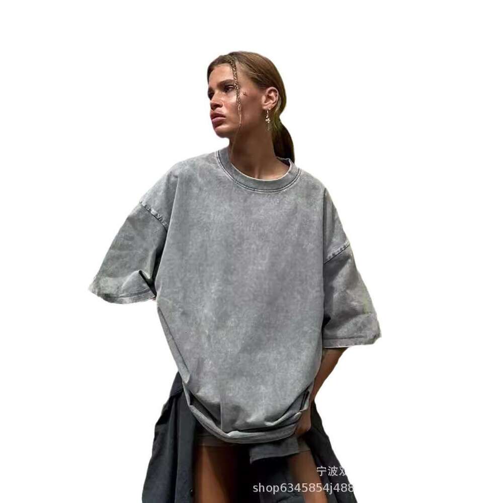 Minimalist Style Washed Vintage Pure T-Shirt Summer Colorful Loose 260G Cotton Short Sleeve Top For Women B5