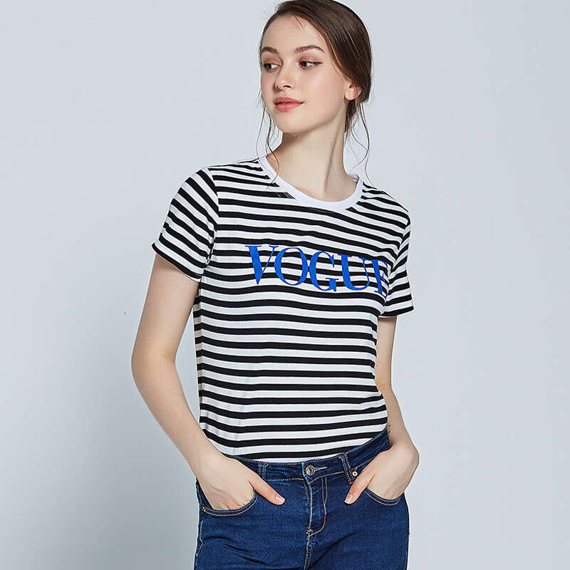 Spring Summer New Printed Striped Cotton Short Sleeve T-Shirt Women's Style Soft Loose Top Vogue B5