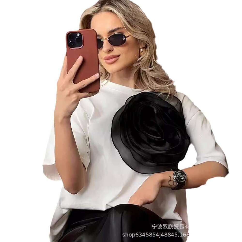 Ins Style Loose T-Shirt For Women With 3D Mesh Camellia Pure Cotton Short Sleeve Top B5