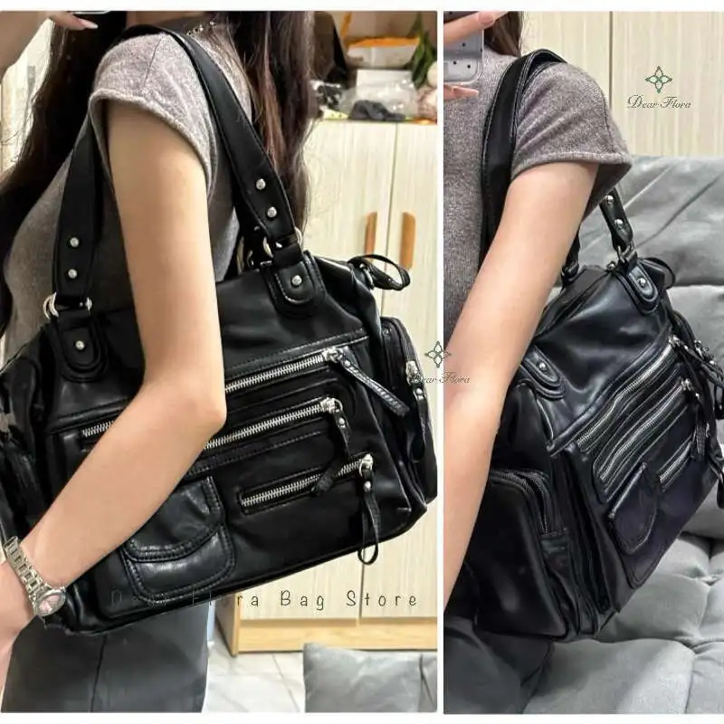 Y2k Women Black Vintage Shoulder Bags Punk Gothic Crossbody Bag Multi Pocket Handbags PU Leather Fashion Large Capacity Tote Bag 250715