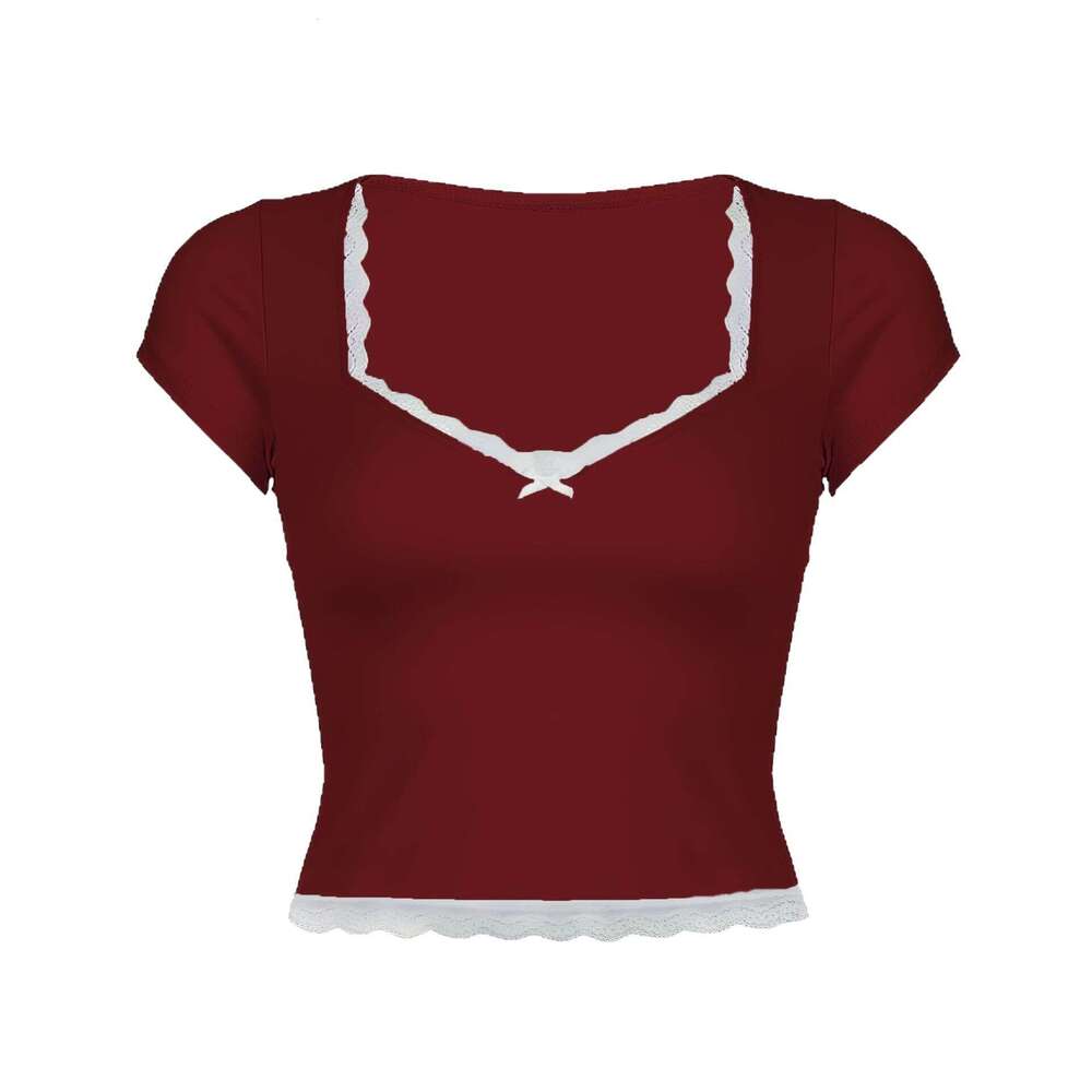 American Style Lace Square Neck Short Sleeve T-Shirt For Women Summer Slimming Versatile Basic Top B5 g7