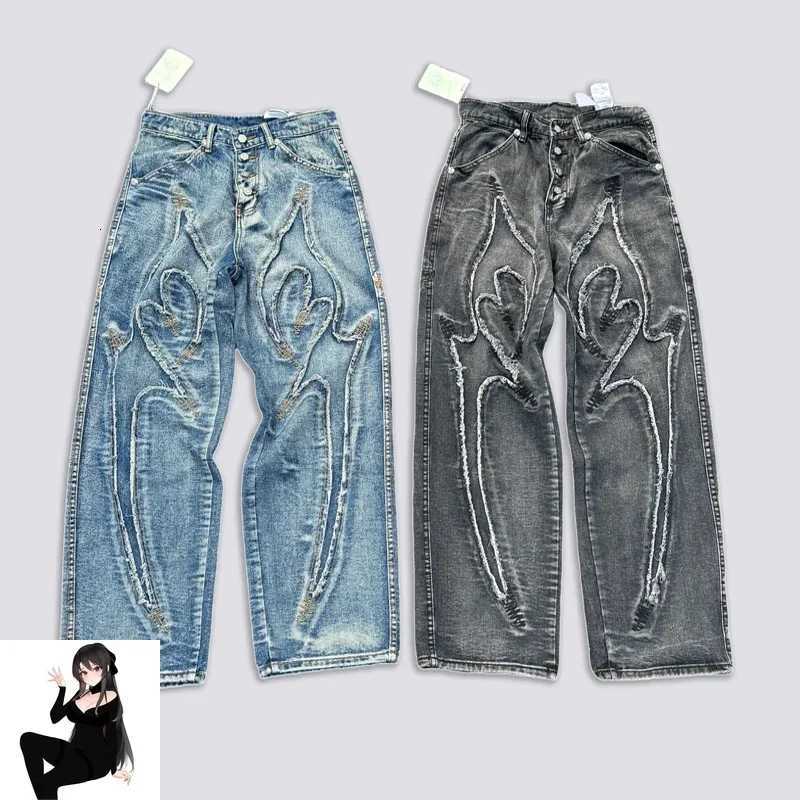 THUG CLUB Embroidery Flame Tassel Jeans Men Women High Quality Splice Moon Star Metal Leather Label Loose Straight Cowboy Pants X250718