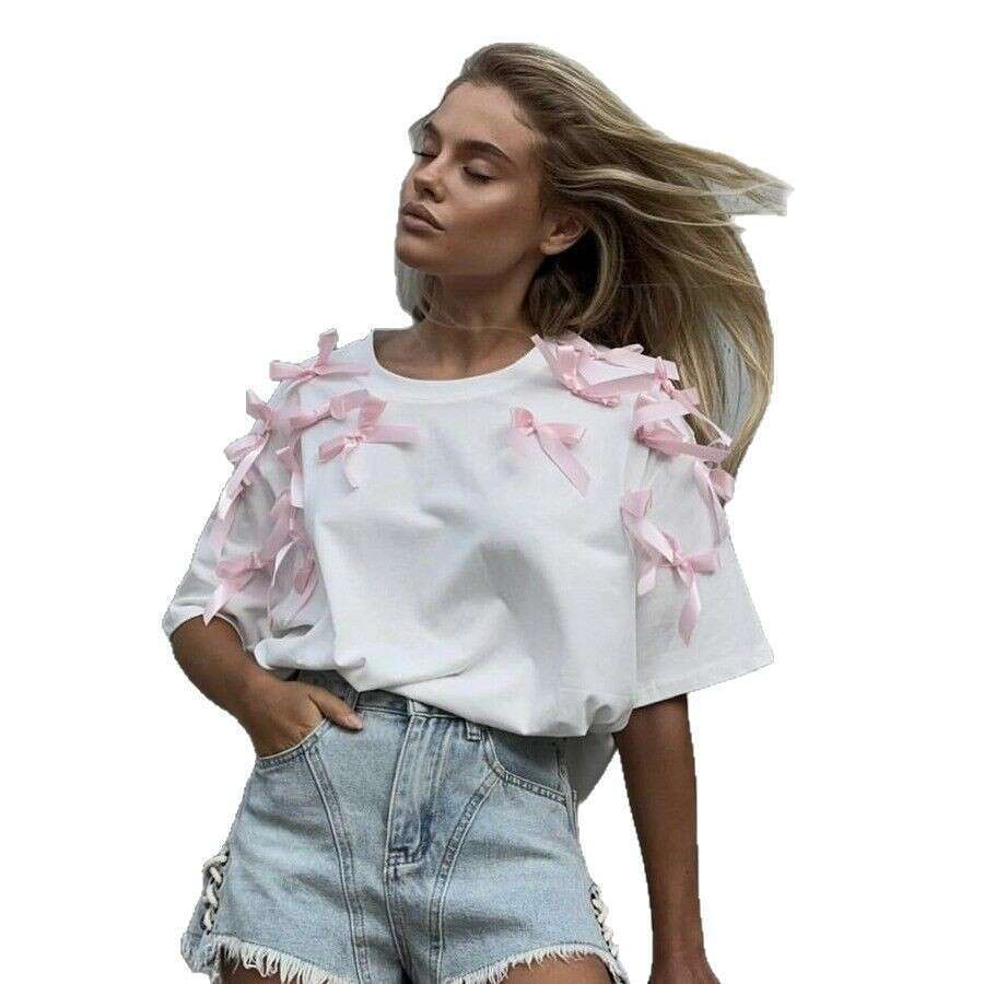 Cute Girl Ribbon Bow Short Sleeve T-Shirt Ins Style Loose Cotton Casual Top B5
