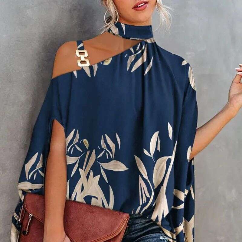 Summer Loose Women's Halter Neck Printed Elegant Short Sleeve Batwing Blouse B5