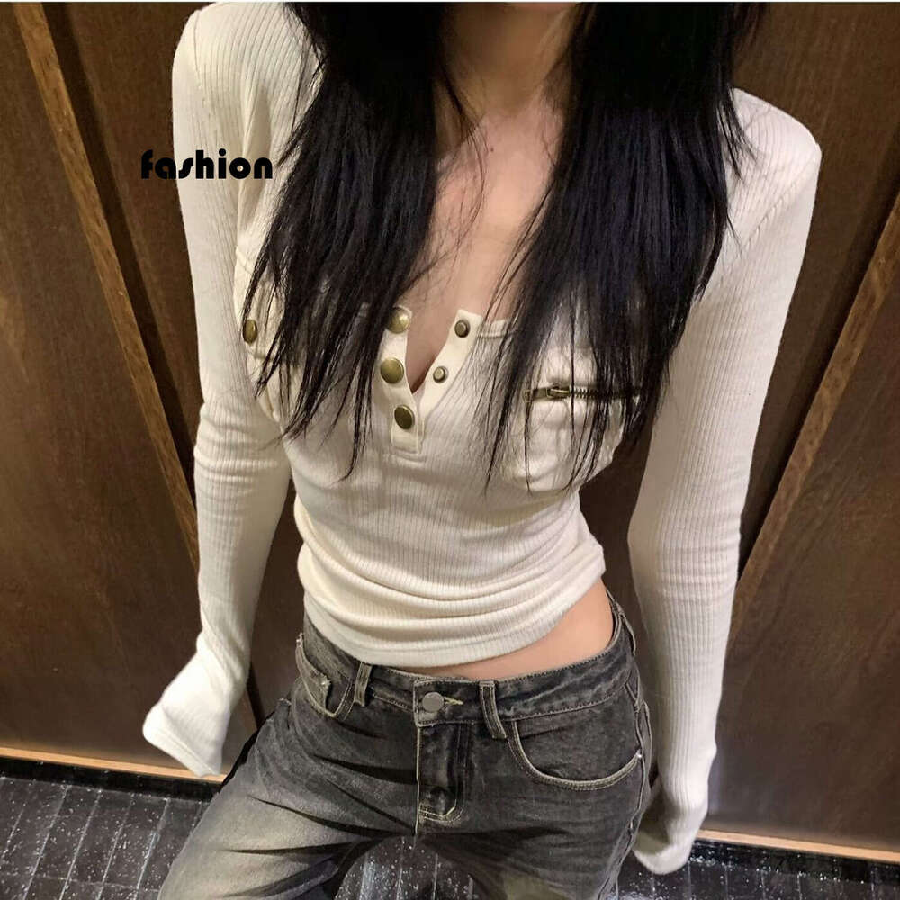 American Style Spliced Base Shirt For Women, Autumn And Winter Inner Wear, Pocket Detail, Slim Fit Long Sleeve Slimming Knitted Top B5 g5