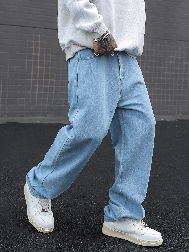 Mens Cotton Baggy Y2K Jeans Fashion Male Clothes Elastic Waist Washed Wide Leg Pants Solid Straight Loose Denim Trousers 250716
